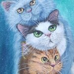 Danielle Art Original Acrylic and Oil Paintings Painting of three stacked cats: a grey cat, a white and brown cat, and an orange tabby cat.