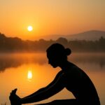 Danielle Art Original Acrylic and Oil Paintings Silhouette of woman doing yoga at sunrise by lake. Peaceful morning scene.