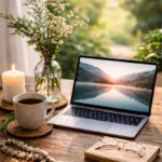Danielle Art Original Acrylic and Oil Paintings Laptop with a serene lake scene, coffee, candle, and flowers on a wooden desk. Calm workspace.