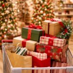 Danielle Art Original Acrylic and Oil Paintings Shopping cart filled with Christmas gifts and bags in store with festive holiday decorations.