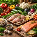 Danielle Art Original Acrylic and Oil Paintings Healthy food spread: salmon, chicken, shrimp, vegetables, grains. Nourishment for a healthy body.