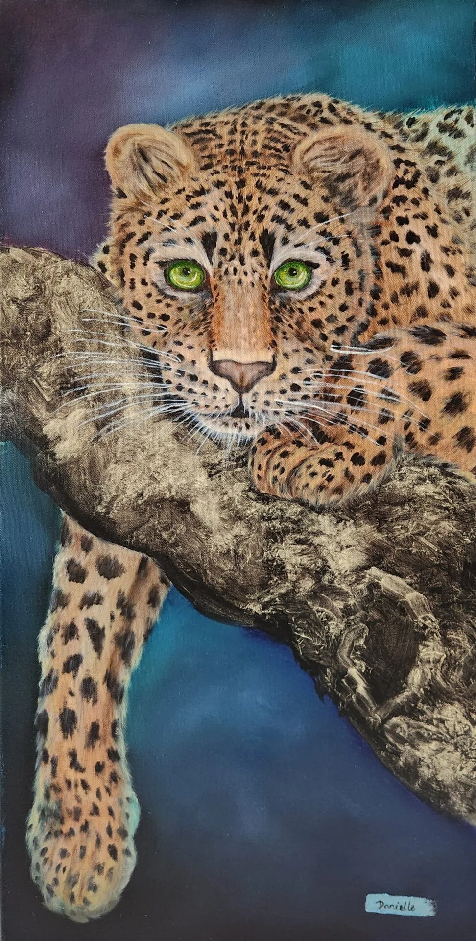 Danielle Art Original Acrylic and Oil Paintings Resting Jaguar: Wildlife art for collectors, showcasing a leopard lounging on a tree branch, painted by Danielle Siauw.