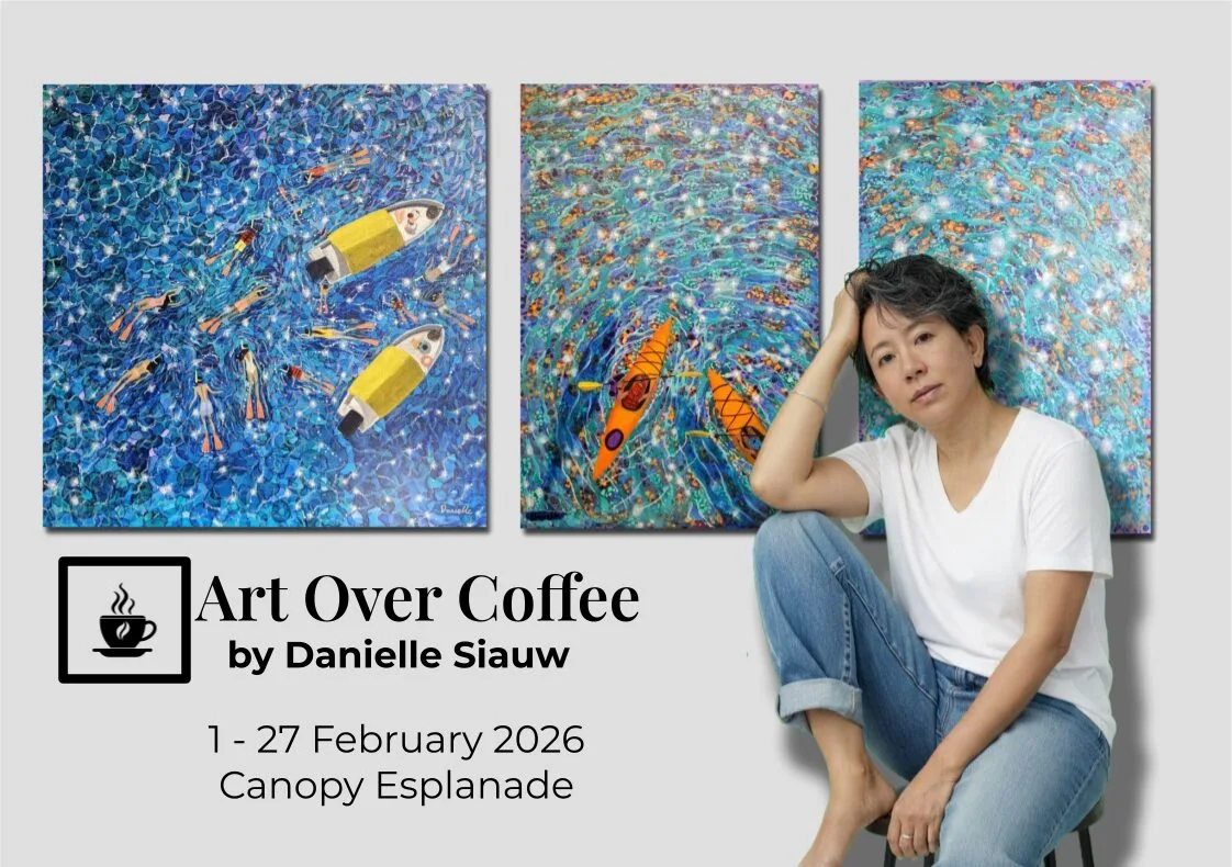 Art Over Coffee Danielle Siauw Exhibition Canopy Esplanade Danielle Art Original Acrylic and Oil Paintings Danielle Siauw's "Art Over Coffee" exhibit featuring vibrant water paintings with kayaks and swimmers.
