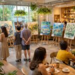 Danielle Art Original Acrylic and Oil Paintings Art exhibition in a cafe, featuring floral and landscape paintings on easels, viewed by patrons.