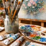 Danielle Art Original Acrylic and Oil Paintings Artist's tools: paintbrushes, palette with oil paints, and tubes of paint.