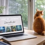 Danielle Art Original Acrylic and Oil Paintings Cat looks out window near laptop displaying "Danielle Art" website, preparing for solo exhibition.
