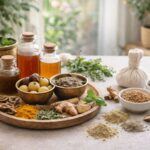 Danielle Art Original Acrylic and Oil Paintings Ayurvedic medicine: Herbs, oils, and spices arranged on a wooden tray for natural healing.