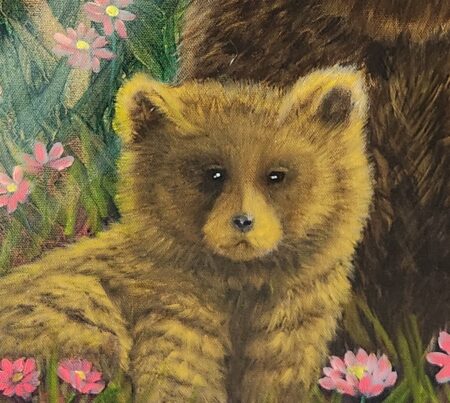 Danielle Art Original Acrylic and Oil Paintings Cute brown bear cub sitting amongst pink flowers, next to a larger bear.