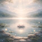 Danielle Art Original Acrylic and Oil Paintings Lotus flower in a serene lake with mountains and ethereal light, reflecting calm and peace.