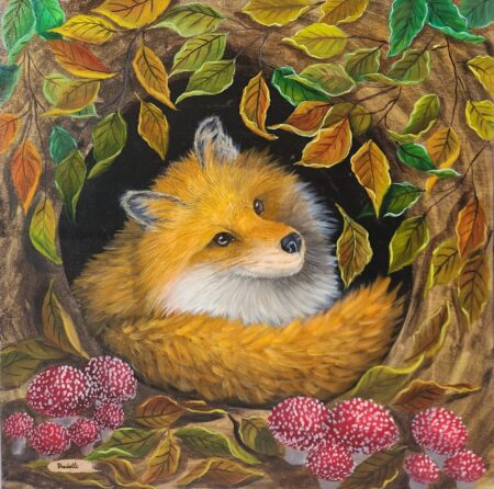 Danielle Art Original Acrylic and Oil Paintings Forest Whispers: Fox in forest painting nestled among autumn leaves and red mushrooms