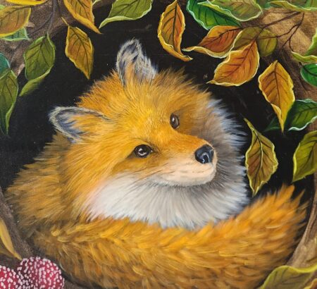 Danielle Art Original Acrylic and Oil Paintings Fox curled up in a den surrounded by leaves, painted by Danielle Siauw.