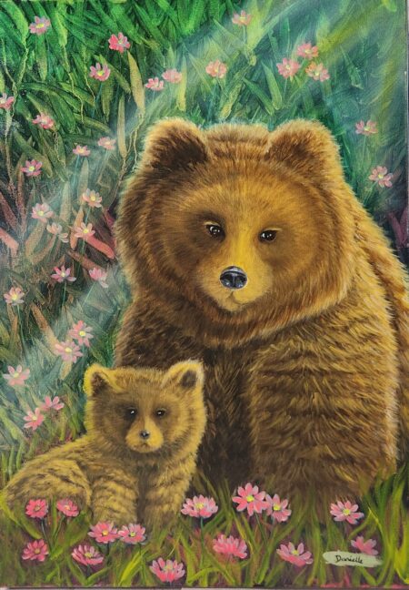 Danielle Art Original Acrylic and Oil Paintings Gentle Guardians: Painting of a mother bear and her cub surrounded by pink flowers in a lush green field.