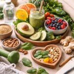 Danielle Art Original Acrylic and Oil Paintings Healthy food arrangement with fruit, vegetables, nuts, and a green smoothie, promoting wellness.