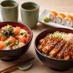 Danielle Art Original Acrylic and Oil Paintings Japanese cuisine: Salmon donburi, teriyaki chicken bowl, California rolls, green tea, and soy sauce.