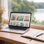 Danielle Art Original Acrylic and Oil Paintings Laptop displaying abstract art, notebook, pen, and coffee on a desk with a scenic lake view.