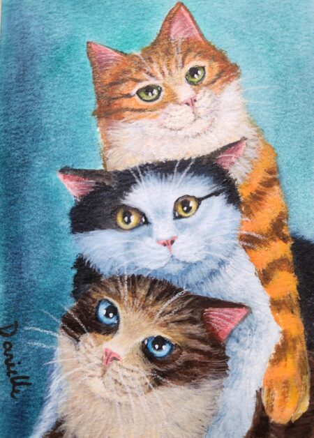 Danielle Art Original Acrylic and Oil Paintings Mini Mochi Cats Cuddle Puddle: Watercolor painting of three adorable cats stacked playfully.