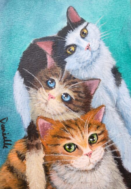 Danielle Art Original Acrylic and Oil Paintings Mini Mochi Cats Cuddle Puddle: Painting of three adorable kittens stacked in a cuddle puddle.