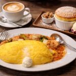 Danielle Art Original Acrylic and Oil Paintings Cozy dinner: Omurice, soufflé, latte, brown sugar cubes.