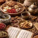Danielle Art Original Acrylic and Oil Paintings Assorted herbs and spices with an open book in Chinese characters.