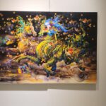 Danielle Art Original Acrylic and Oil Paintings Whimsical painting of horses and fish in vibrant yellow, blue, and orange hues, reflecting art and friendship.