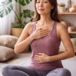 Danielle Art Original Acrylic and Oil Paintings Woman meditating in lotus position, hands on chest and stomach, indoor wellness.