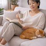 Danielle Art Original Acrylic and Oil Paintings Woman reading with cat on couch, enjoying living on her own terms.