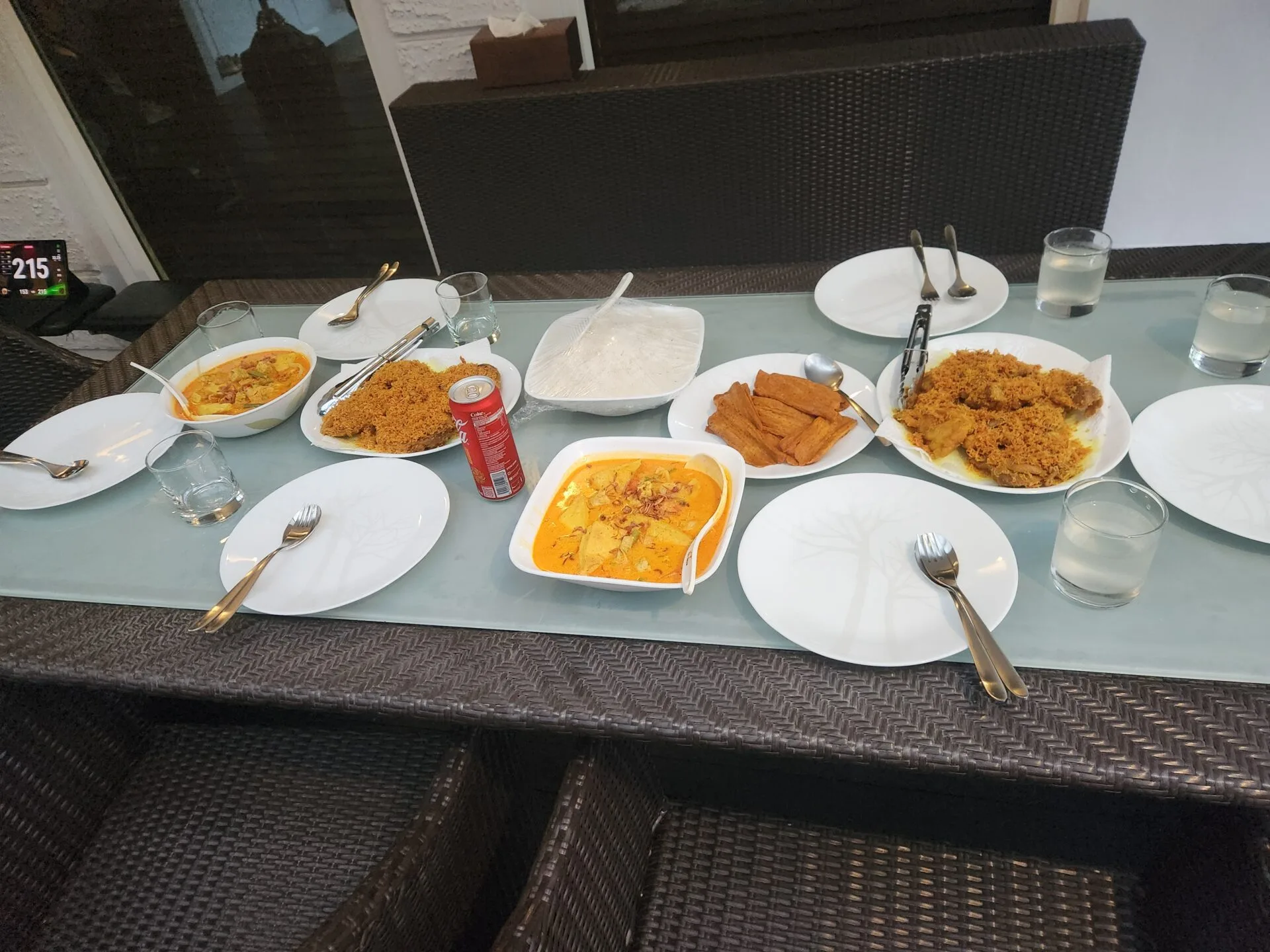 Danielle Art Original Acrylic and Oil Paintings Family reunion meal featuring rice, curry, and drinks on a table.