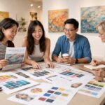 Danielle Art Original Acrylic and Oil Paintings Artists planning exhibition: Four people around table with art prints and coffee. "Upcoming Exhibition" hinted.