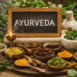 Danielle Art Original Acrylic and Oil Paintings Ayurveda display with herbs, spices, oils, and a chalkboard sign reading "Ayurveda.