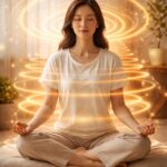Danielle Art Original Acrylic and Oil Paintings Woman meditating with golden aura, representing Mind Sound Resonance Therapy.