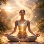 Danielle Art Original Acrylic and Oil Paintings Woman meditating in nature, surrounded by golden light and energy flow. Prana concept.