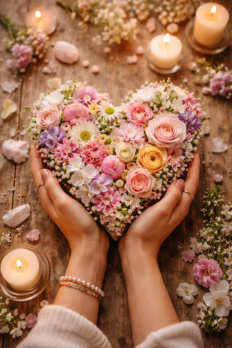 Danielle Art Original Acrylic and Oil Paintings Hands holding heart-shaped flower arrangement with candles, symbolizing gratitude for abundance.