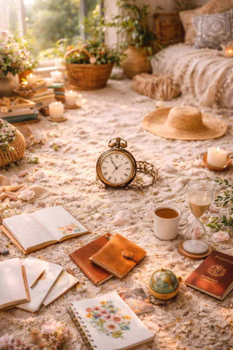 Danielle Art Original Acrylic and Oil Paintings Cozy scene with books, journals, clock, and candles, perfect for reflecting on time.