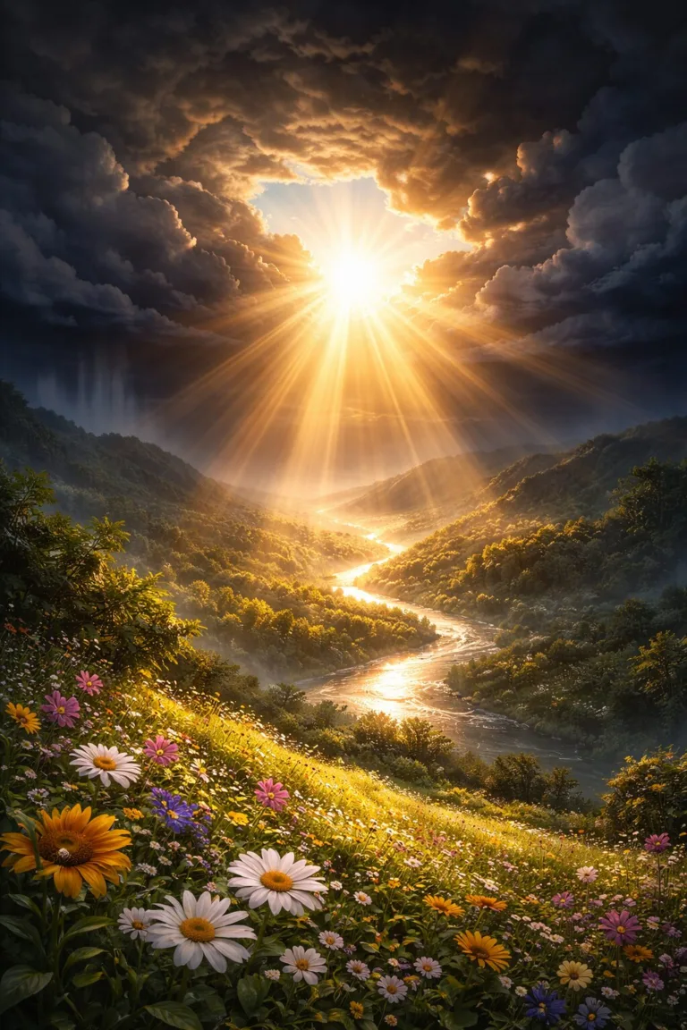 Danielle Art Original Acrylic and Oil Paintings Sunbeams break through clouds over a vibrant valley, wildflowers in foreground. Grateful for a Glimmer of Light