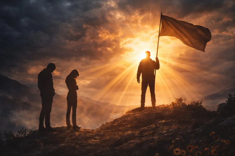 Danielle Art Original Acrylic and Oil Paintings Man on peak with flag, two figures below, sun rays. Grateful for courage.