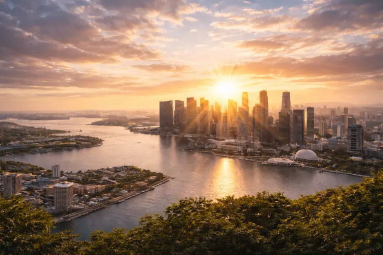 Danielle Art Original Acrylic and Oil Paintings Singapore skyline at sunrise, reflecting on the water, from a high vantage point.