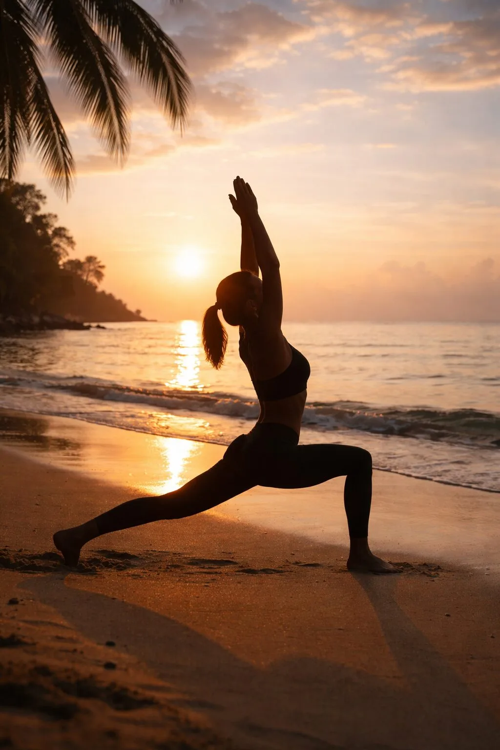 Danielle Art Original Acrylic and Oil Paintings Woman in warrior pose on beach at sunset. Yoga therapy and mindfulness.