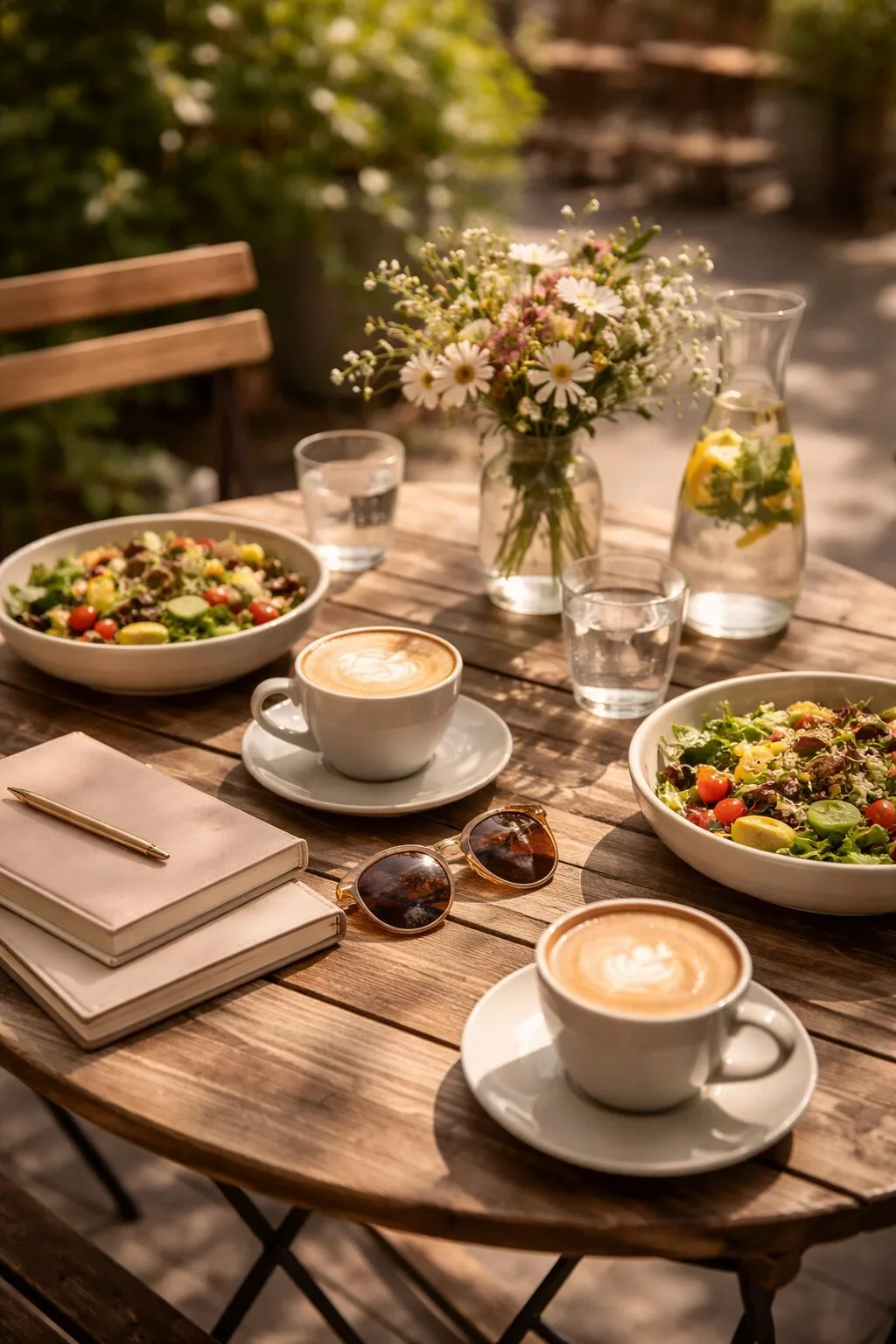 Danielle Art Original Acrylic and Oil Paintings Outdoor cafe table with salads, coffee, flowers, and a book, perfect for friendship and relaxation.