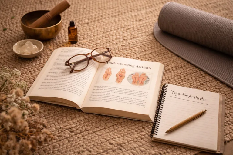 Danielle Art Original Acrylic and Oil Paintings Arthritis book, yoga mat, and journal labeled "Yoga for Arthritis" on a jute rug.