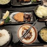 Danielle Art Original Acrylic and Oil Paintings Tonkatsu dinner set with pork cutlet, rice, miso soup, and shredded cabbage.
