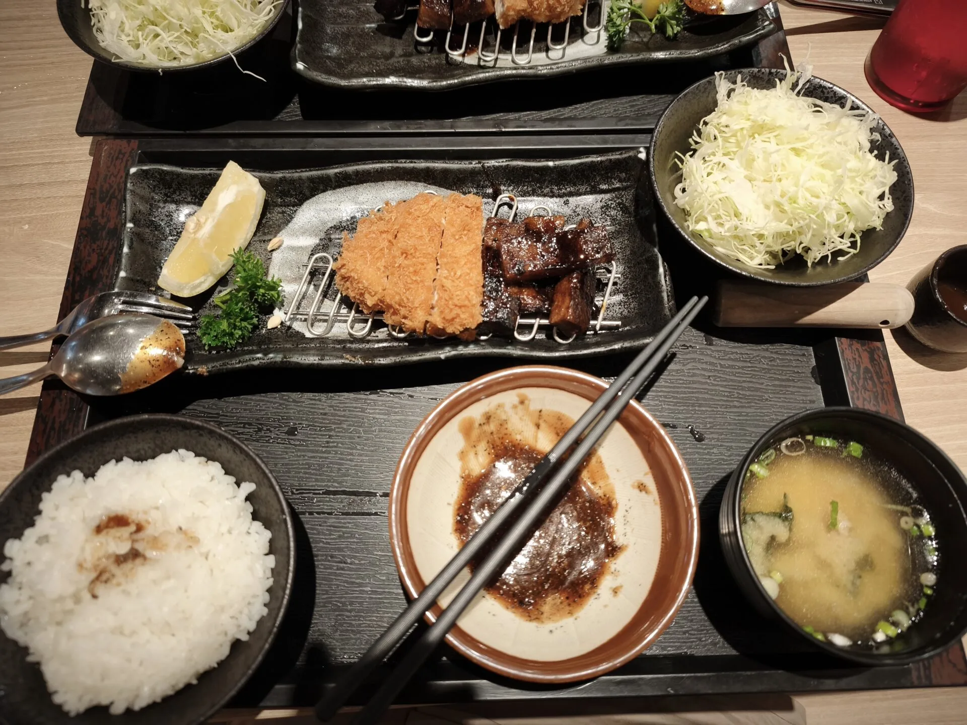 Danielle Art Original Acrylic and Oil Paintings Tonkatsu dinner set with pork cutlet, rice, miso soup, and shredded cabbage.
