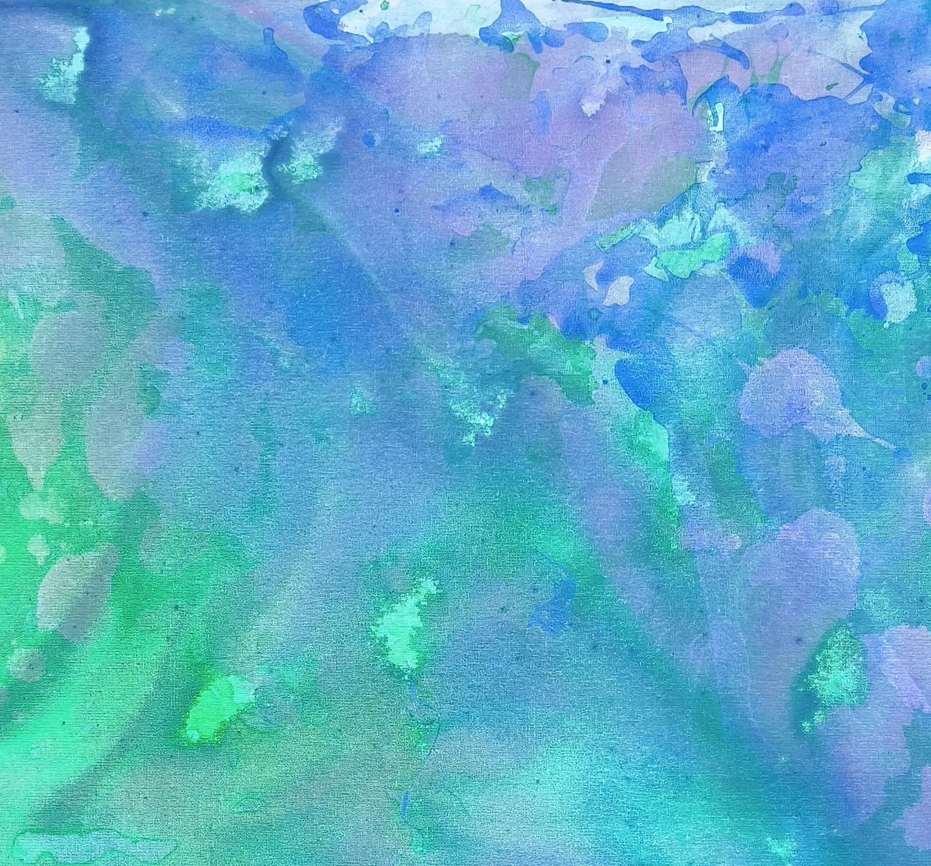 Abstract acrylic painting with blue, green, and purple hues.
