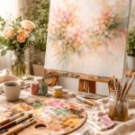 Artist's studio with floral painting, palette, and brushes. Soft, warm tones.