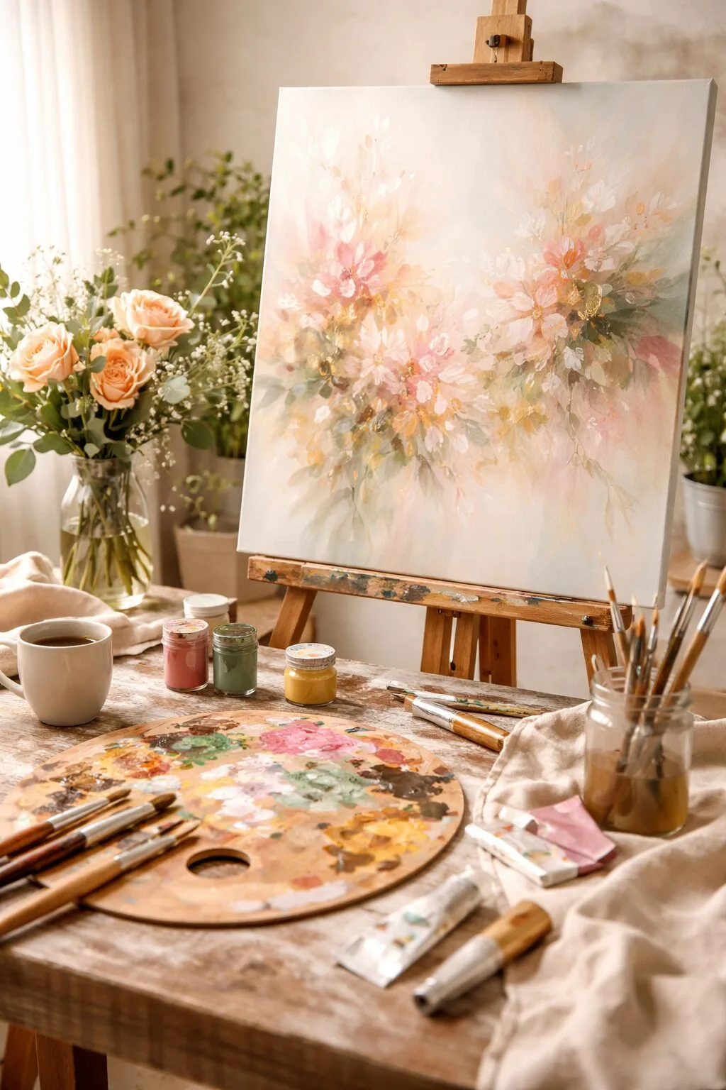 Artist's studio with floral painting, palette, and brushes. Soft, warm tones.
