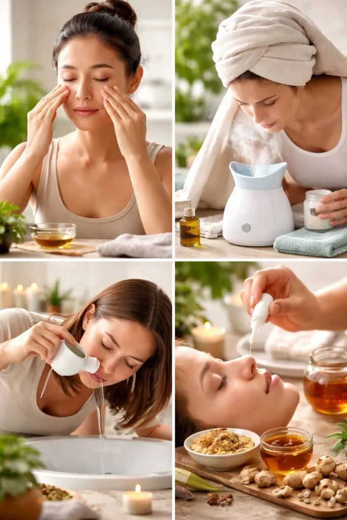 Ayurvedic sinus relief: Woman using neti pot, facial steam, and eye massage.
