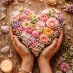 Danielle Art Original Acrylic and Oil Paintings Hands holding heart-shaped flower arrangement with candles, symbolizing gratitude for abundance.