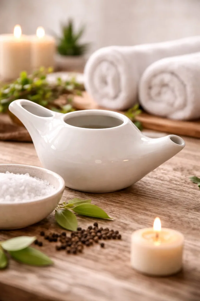Netti pot for sinus relief with salt, towels, and candles.
