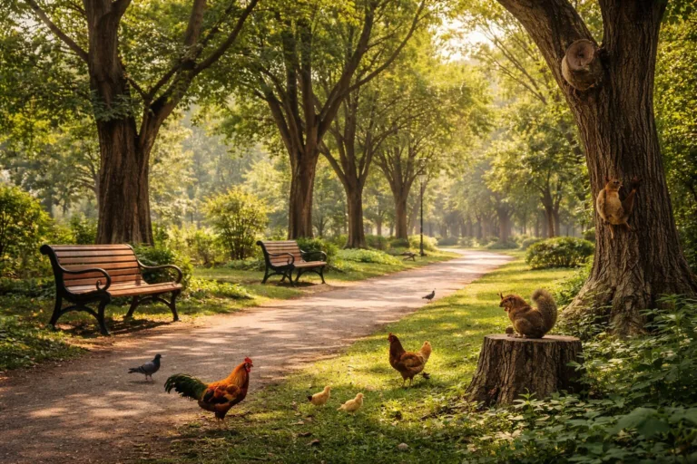 Park scene with chickens, squirrels, and birds among trees and benches on a sunny morning path.