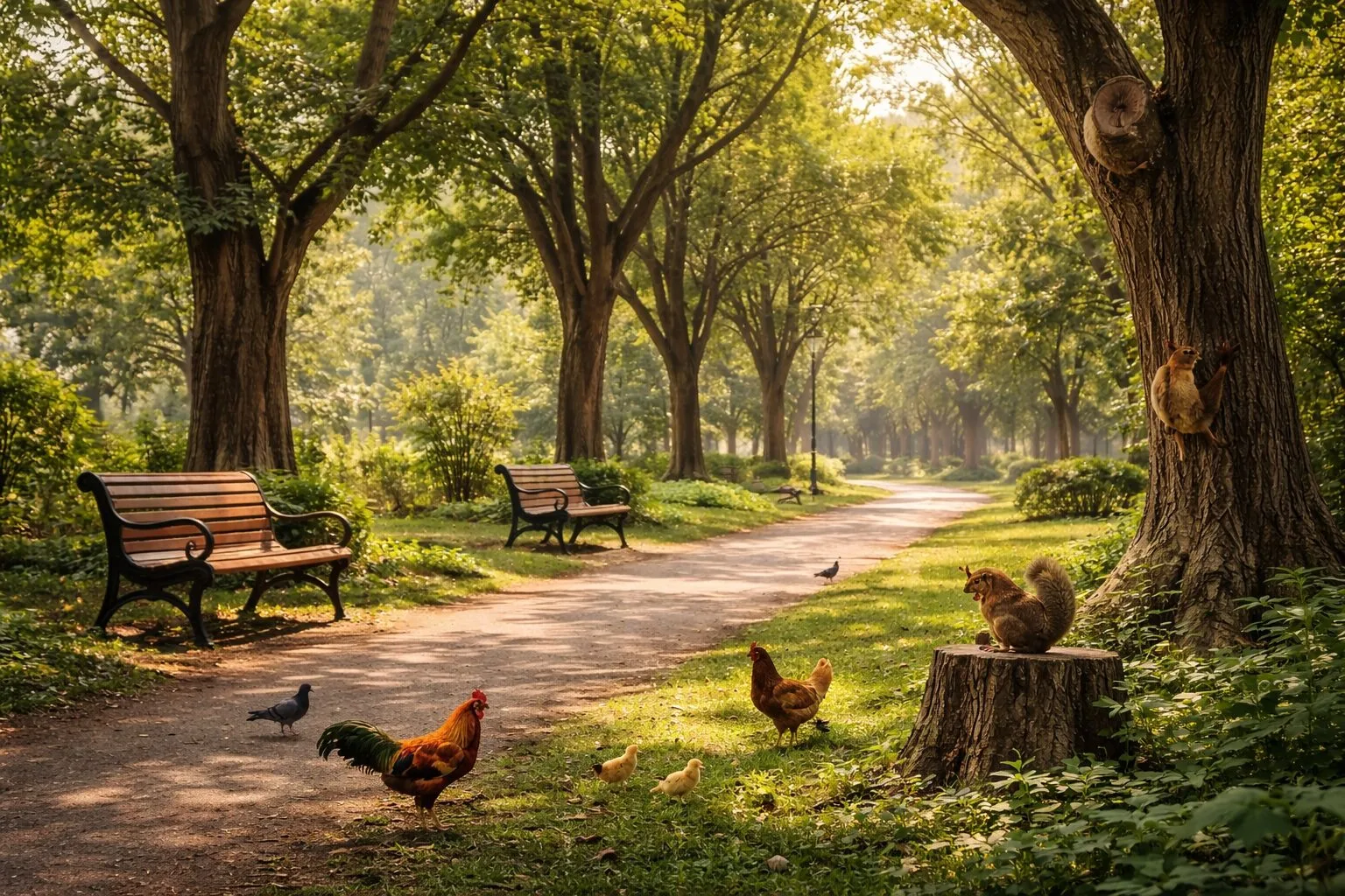 Park scene with chickens, squirrels, and birds among trees and benches on a sunny morning path.