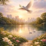 Danielle Art Original Acrylic and Oil Paintings Dove carrying olive branch flies over lake with swans, cityscape backdrop. Grateful for peace close to home.